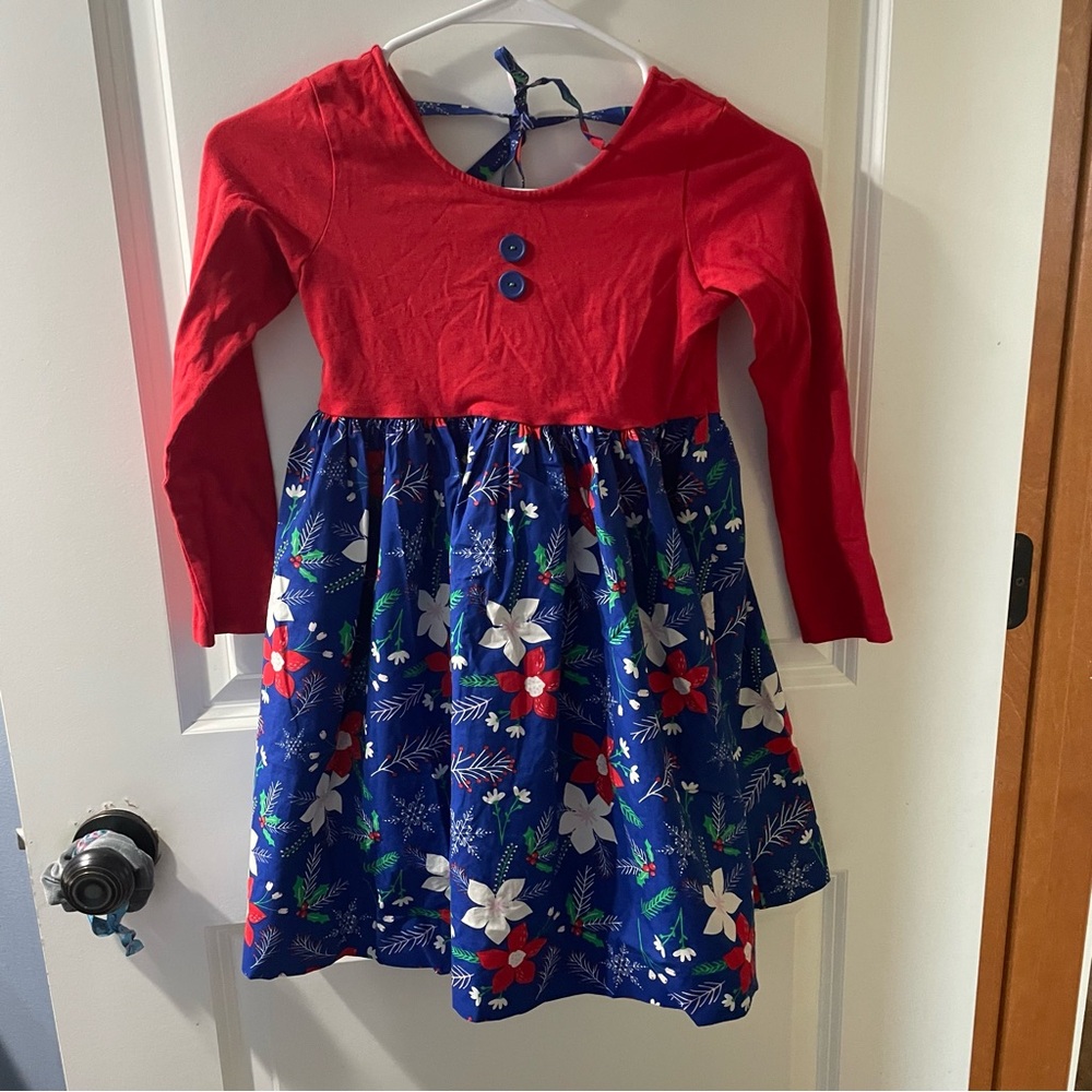 Eleanor Rose Christmas Red and Blue Floral Long Sleeve Dress